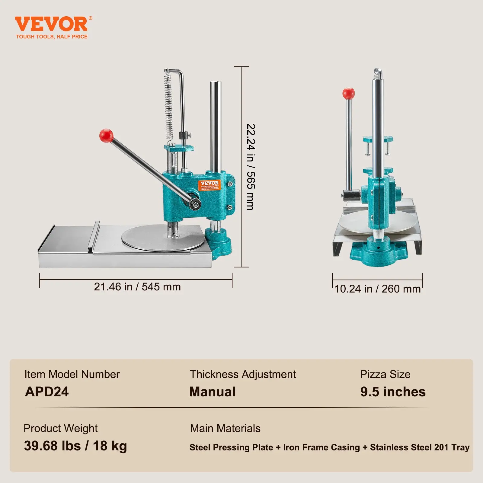 VEVOR Manual Pizza Dough Press Machine, 9.5inch/24cm Household Pizza Pastry, Stainless Steel Pizza Presser, Commercial Chapati Sheet Pizza Crust Press Plate, Height Adjustable Pizza Forming Machine - Image 6